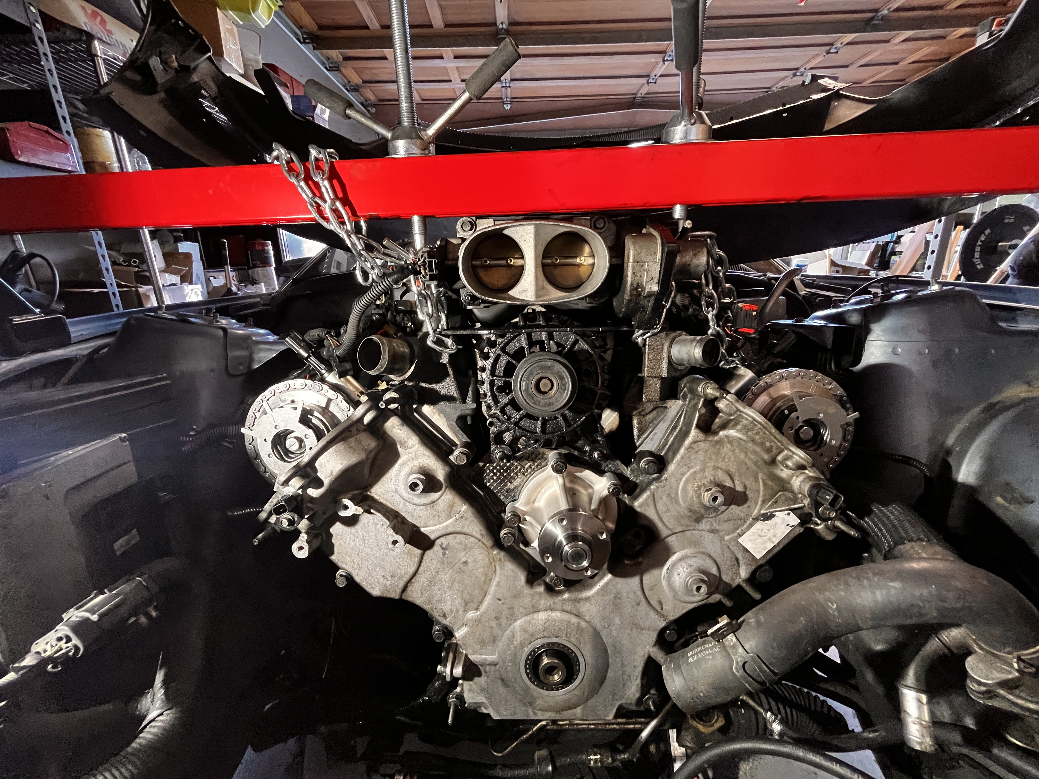 The Mustang's rebuilt timing system during engine work
